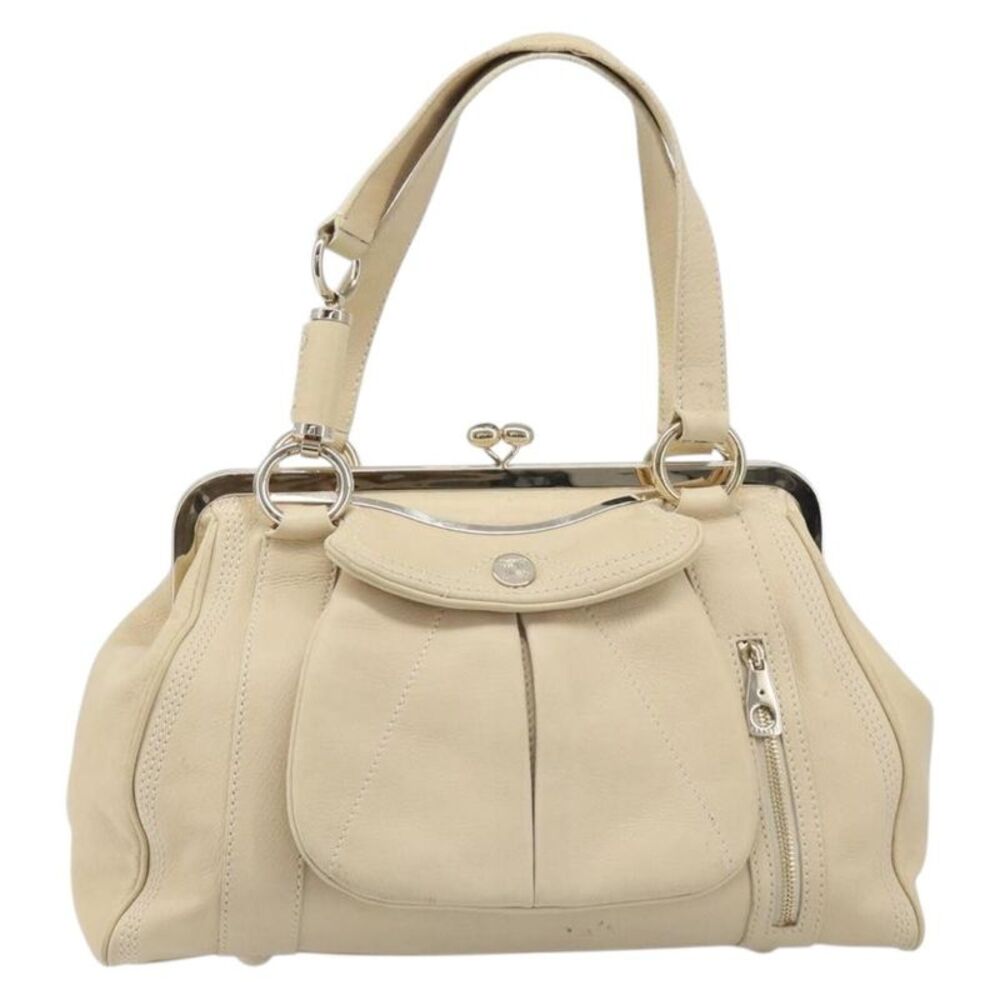 Celine Vintage Kisslock Frame Leather Beige Leather Handbag